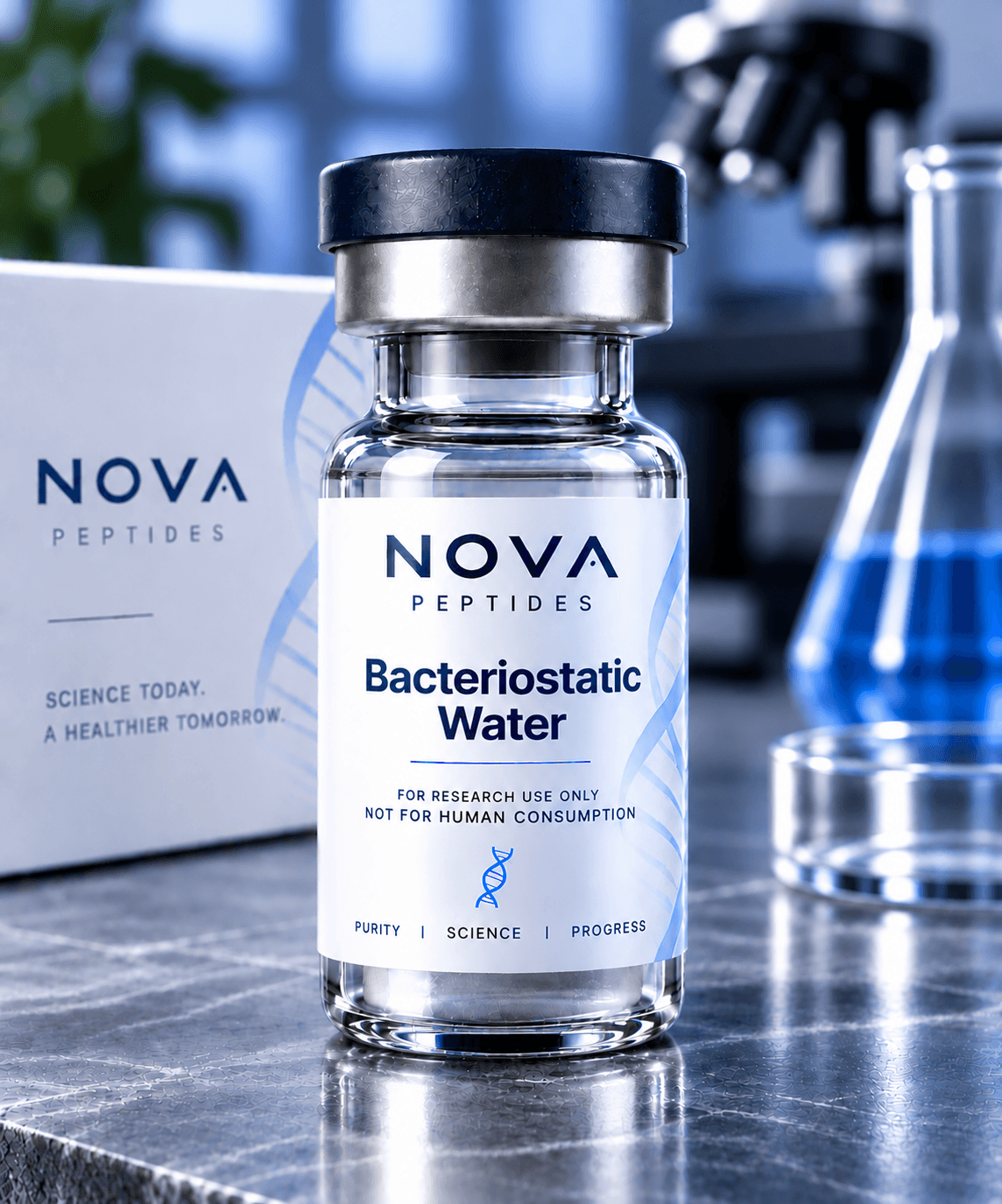 Bacteriostatic Water vial from Nova Peptides, research use only