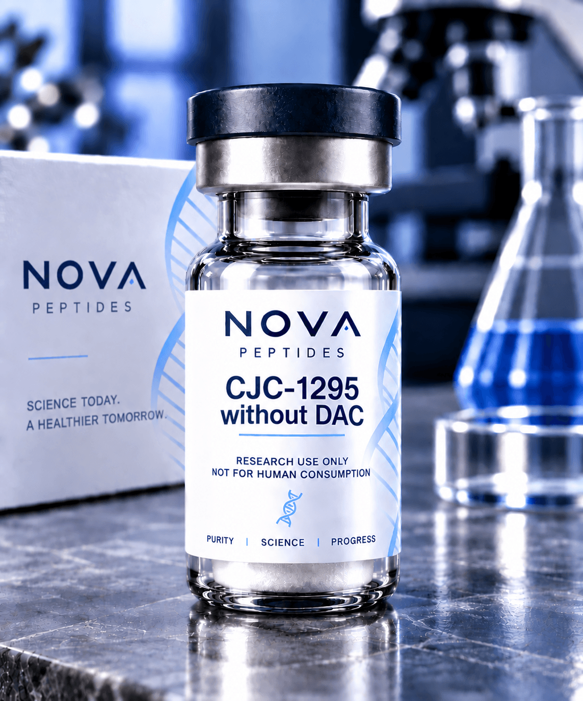 Vial labelled CJC-1295 without DAC, research use only, standing on a laboratory bench in front of a Nova Peptides box, with a flask of blue liquid behind.