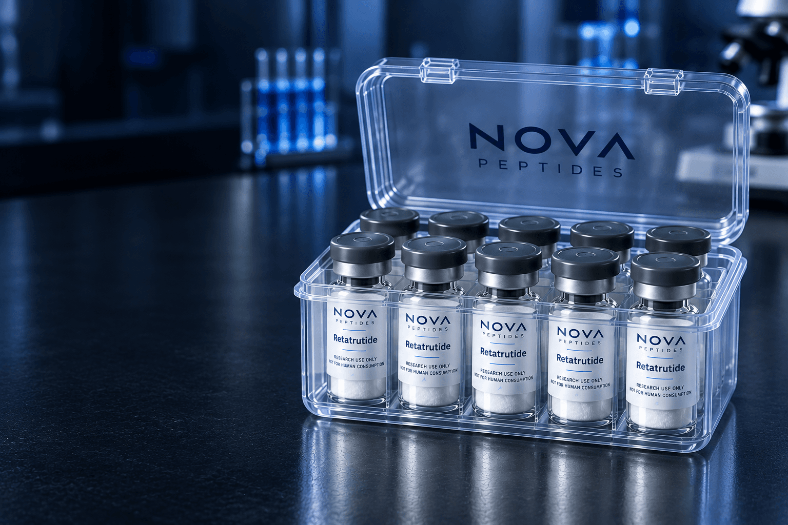 Open transparent box holding ten sealed Nova Peptides Retatrutide vials on a laboratory bench