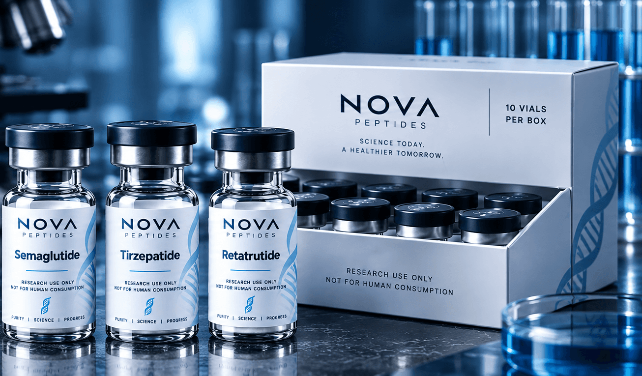 Three Nova Peptides vials beside an open box of ten vials on a laboratory bench, with a microscope behind