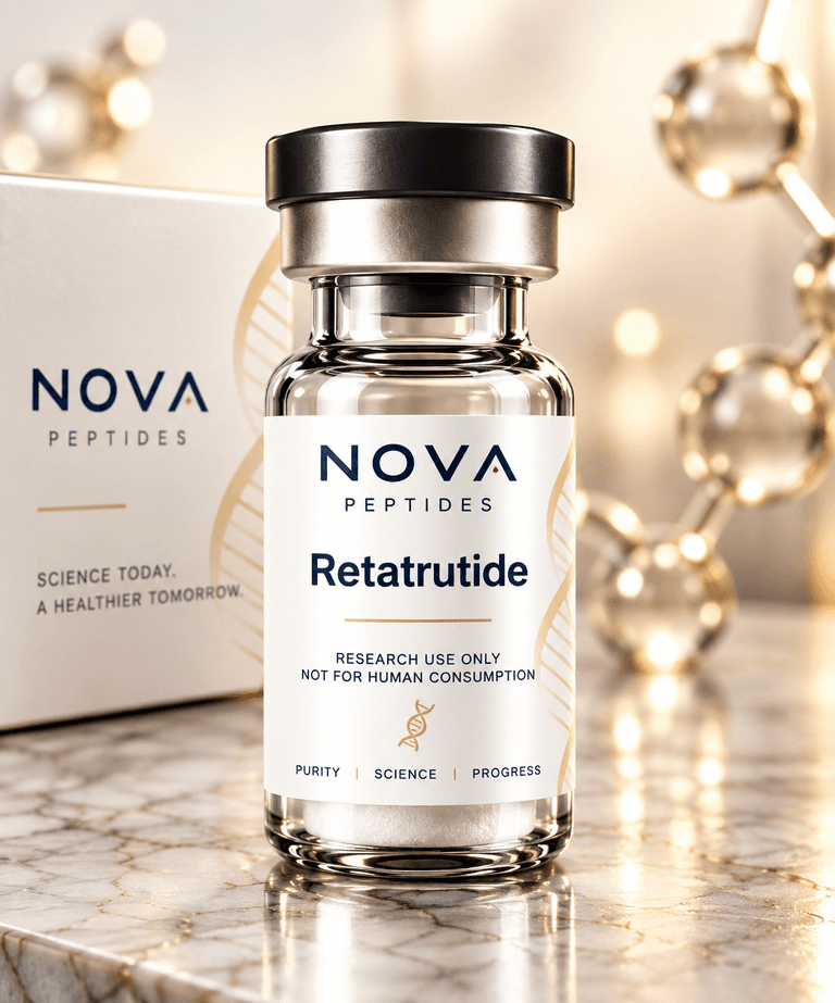 Retatrutide vial from Nova Peptides, research use only