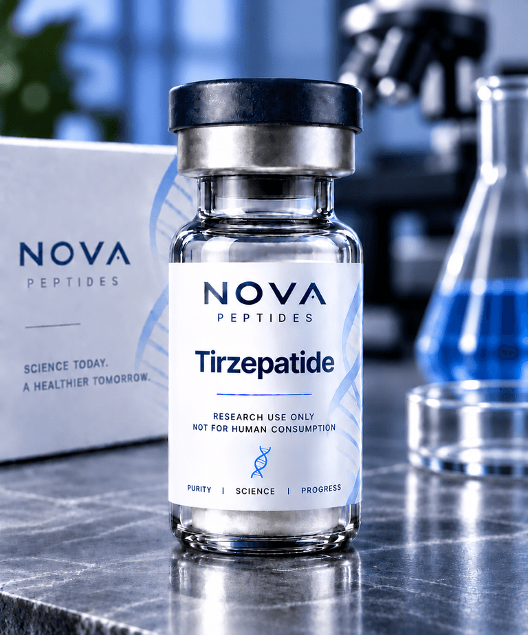 Tirzepatide vial from Nova Peptides, research use only