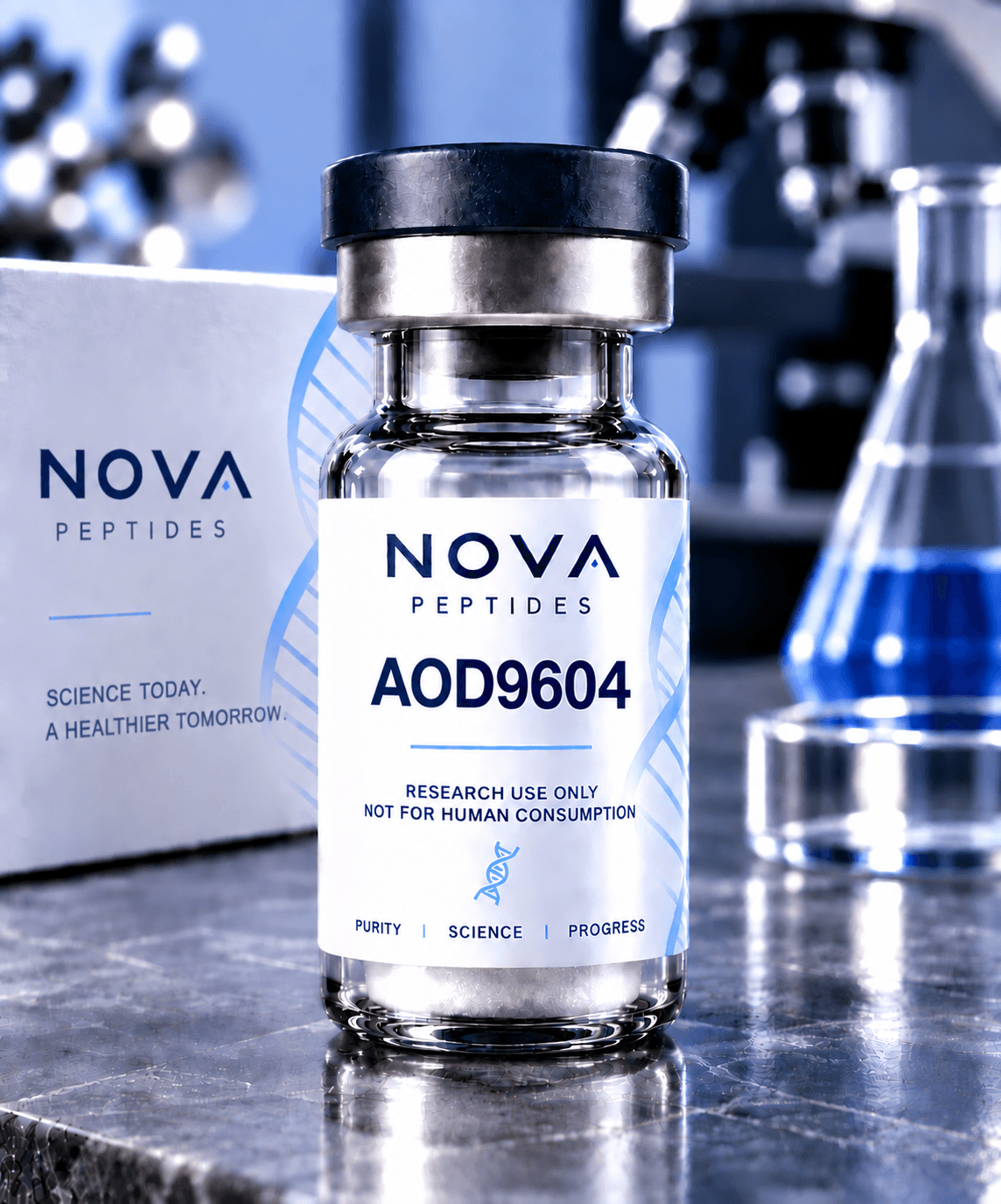 Vial labelled AOD9604, research use only, standing on a laboratory bench in front of a Nova Peptides box, beside a molecular model.