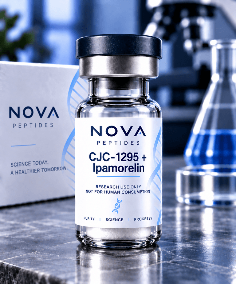 Vial labelled CJC-1295 + Ipamorelin, research use only, standing on a laboratory bench in front of a Nova Peptides box.