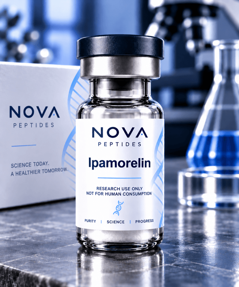 Vial labelled Ipamorelin, research use only, standing on a laboratory bench in front of a Nova Peptides box, with a microscope and a flask behind.