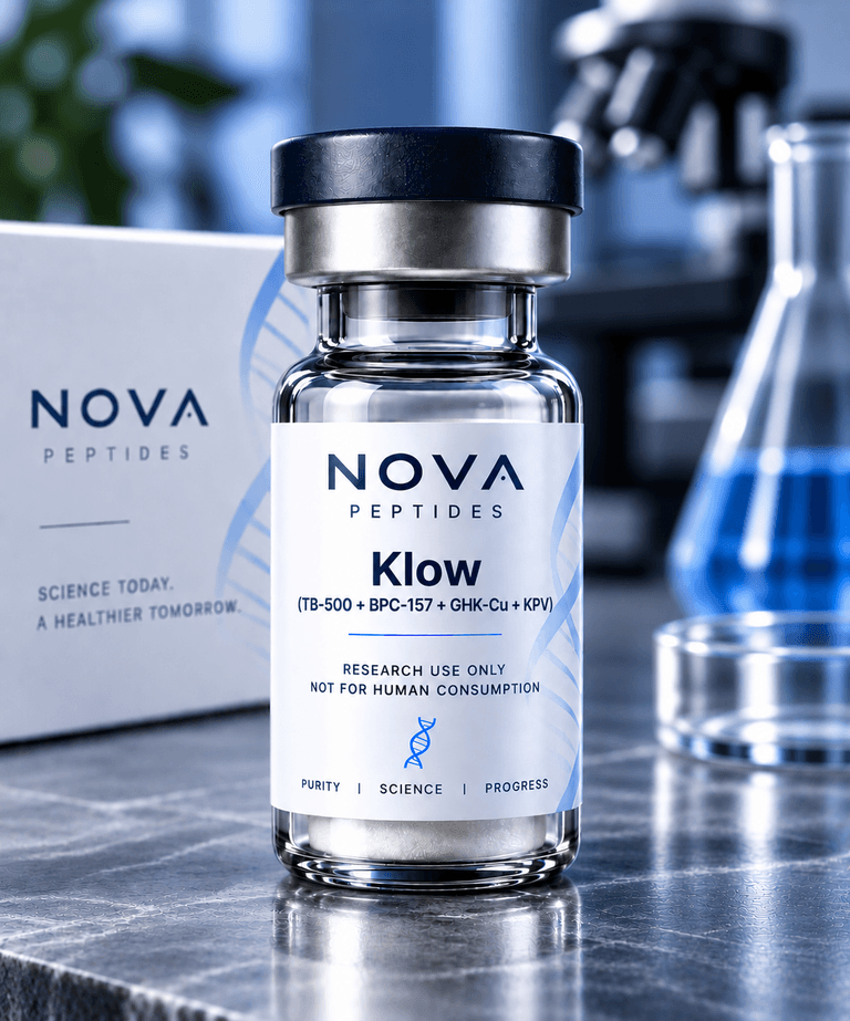 Klow (TB-500 + BPC-157 + GHK-Cu + KPV) vial from Nova Peptides, research use only