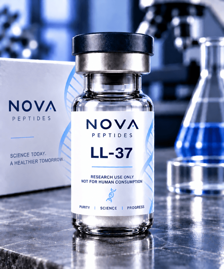 Vial labelled LL-37, research use only, standing on a laboratory bench in front of a Nova Peptides box, with a flask of blue liquid behind.