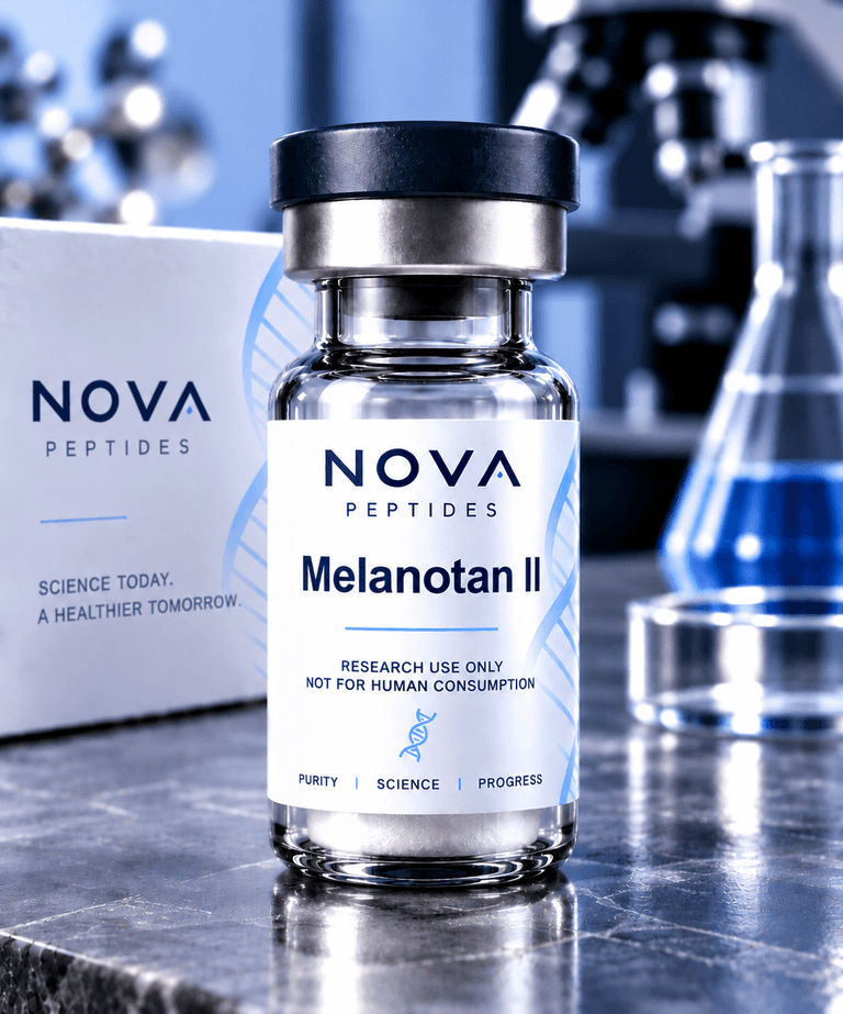 Vial labelled Melanotan II, research use only, standing on a laboratory bench in front of a Nova Peptides box, beside a molecular model.