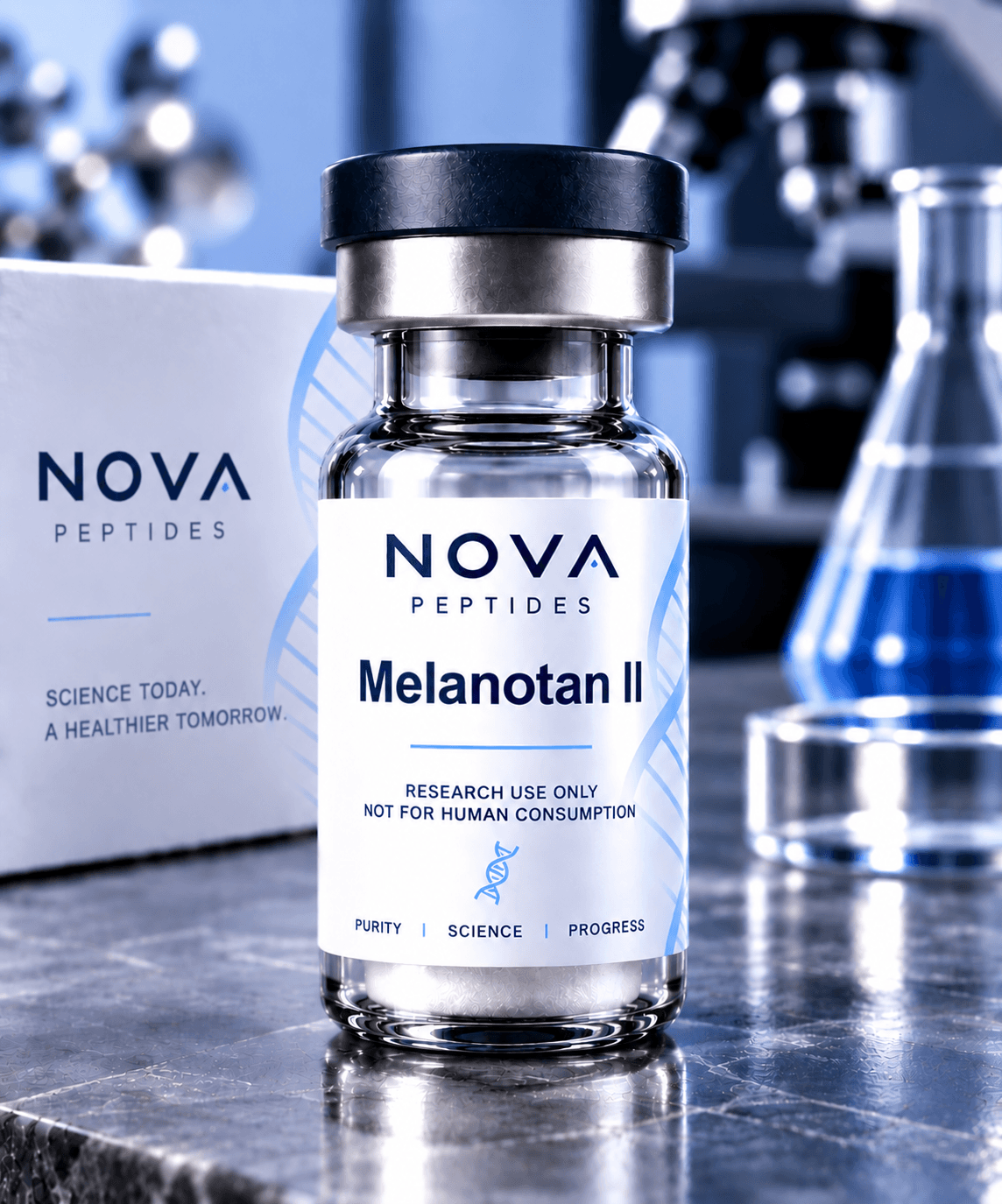 Vial labelled Melanotan II, research use only, standing on a laboratory bench in front of a Nova Peptides box, beside a molecular model.