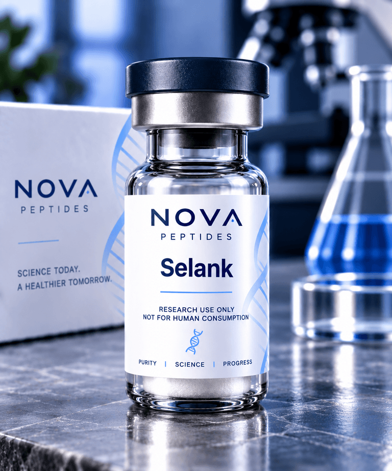 Vial labelled Selank, research use only, standing on a laboratory bench in front of a Nova Peptides box.