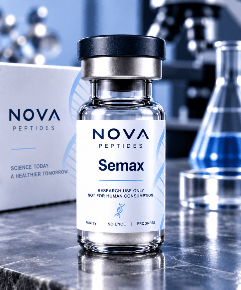 Vial labelled Semax, research use only, standing on a laboratory bench in front of a Nova Peptides box, with a microscope behind.
