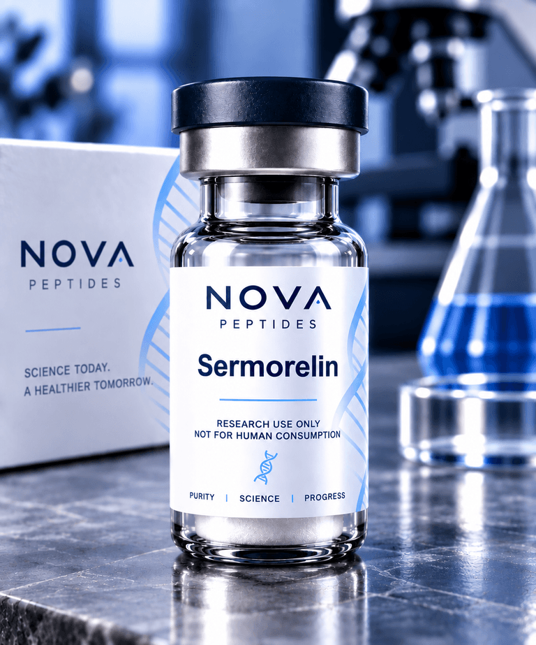 Vial labelled Sermorelin, research use only, standing on a laboratory bench in front of a Nova Peptides box, with a flask of blue liquid behind.